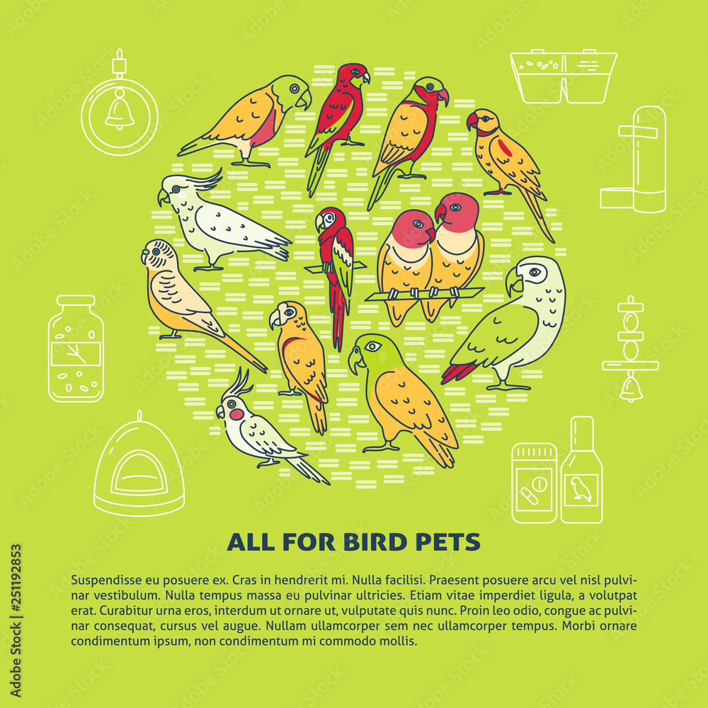 Pet shop round concept banner with parrot icons in line style