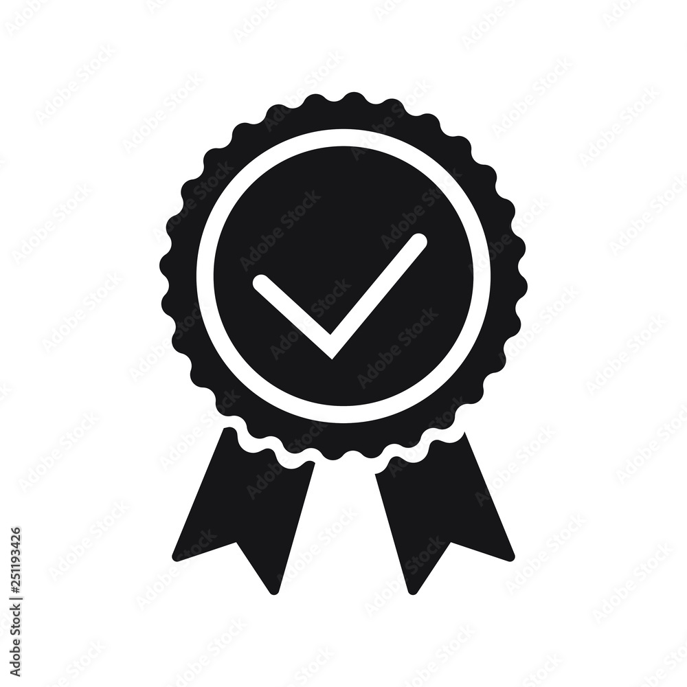 Quality check ribbon icon. Vector product certified or best choice recommended award and warranty check approved certificate mark label