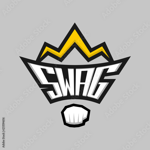 Swag word logo badge with crown and fist.