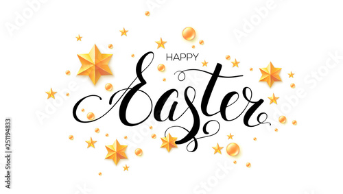 Easter postcard with calligraphic inscription decorated golden stars and balls isolated on white background. Stylish greetings card with abstract pattern and vintage hand drawing wishes