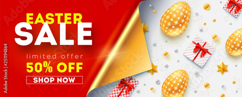 Easter sale get up to 50 percent discount. Banner with bended corner of golden page. Promo of shopping actions. Golden easter eggs, gift boxes and toys on white background.