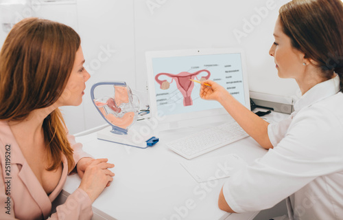 gynecologist communicates with her patient, pointing to the structure of the uterus, on her comput er. photo