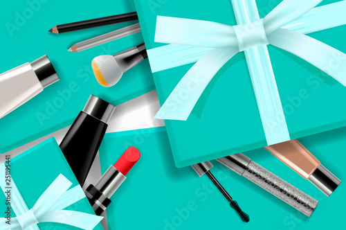 Concept online shopping cosmetics, gift boxes background top view. Sale Ads, magazine or catalog template design on commercial background, vector illustration.