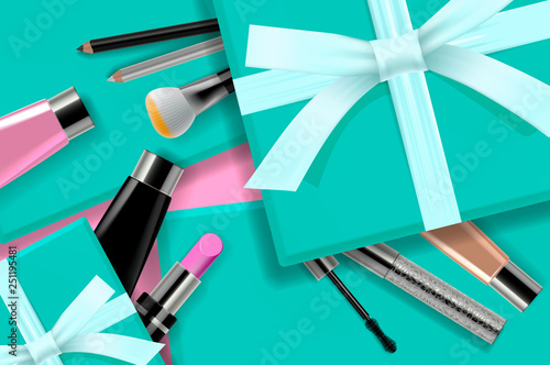 Concept online shopping cosmetics, gift boxes background top view. Sale Ads, magazine or catalog template design on commercial background, vector illustration.