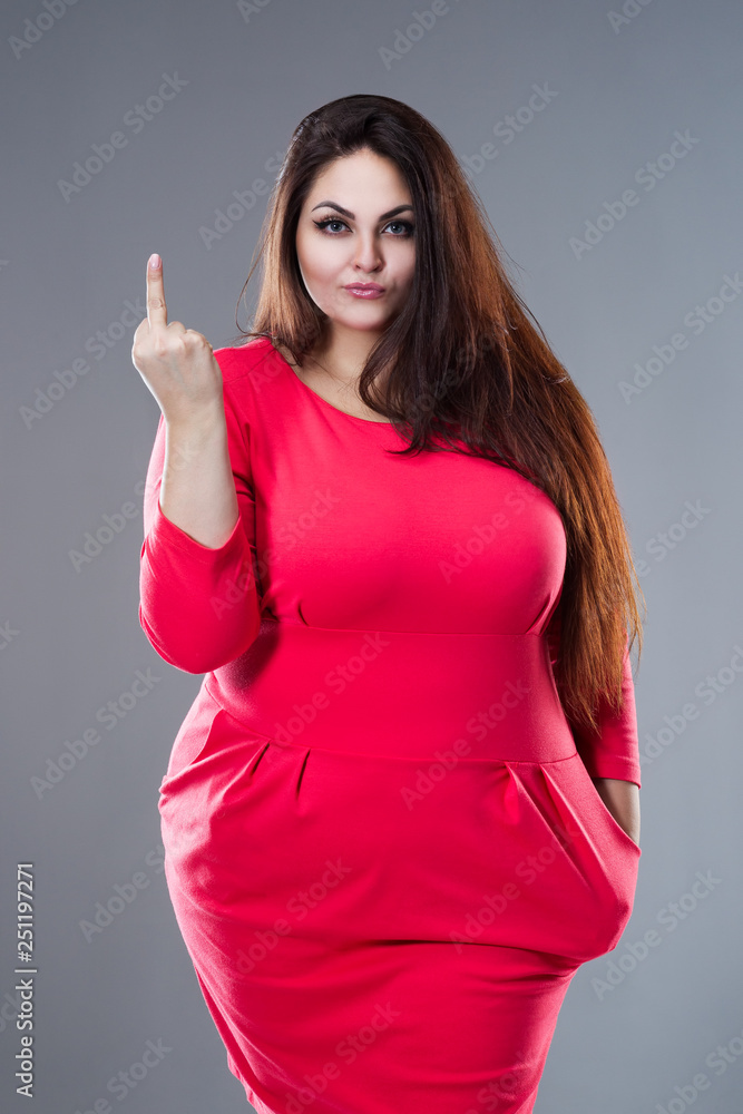 Beautiful Plus Size Fashion Model In Red Dress Fat Woman With Long