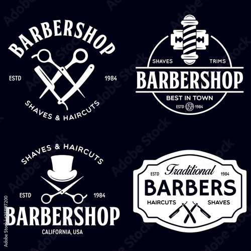 Set of vintage barbershop labels. Templates for the design of logos and emblems. Collection of barbershop - symbols razor, pole, scissors.