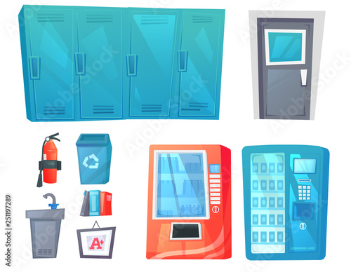 High School hallway interior object set with row of lockers and trash and fire extinguisher. 