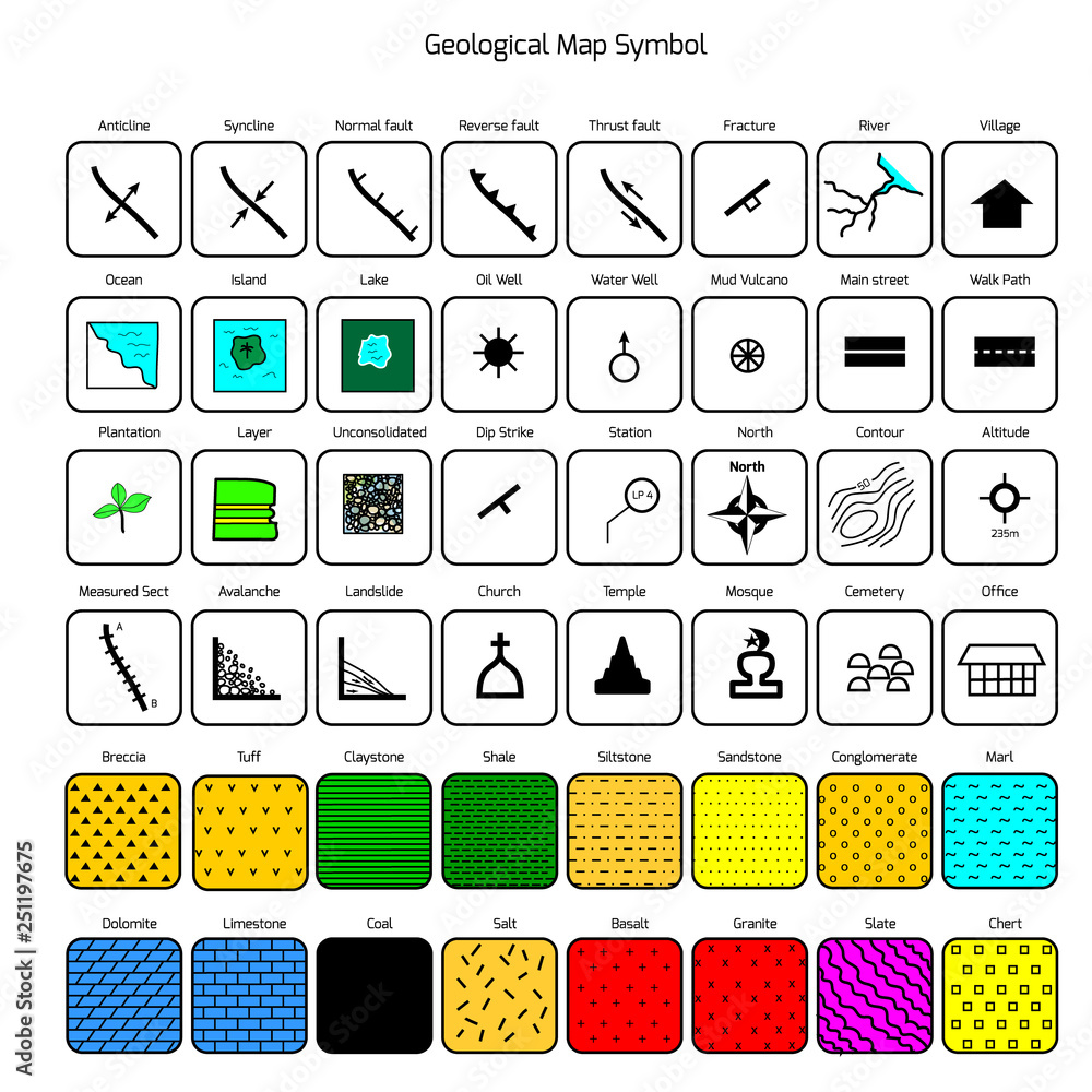 Geological map symbol and icon with lithology legend Stock Vector
