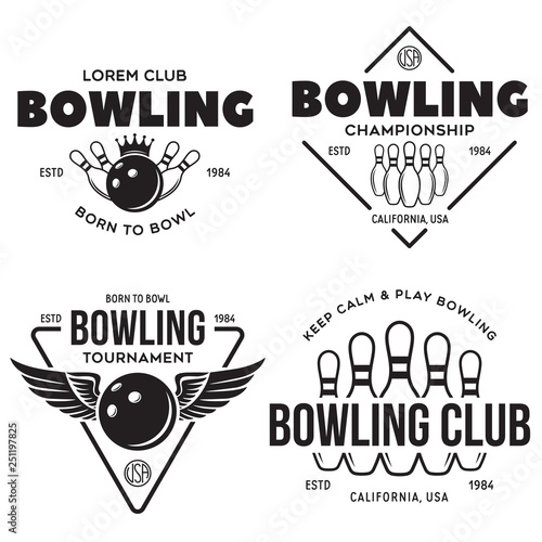 Set of vector vintage monochrome style bowling logo, icons and symbol. Bowling ball and bowling pins silhouettes. Trendy design elements.