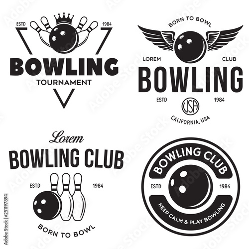 Set of vector vintage monochrome style bowling logo, icons and symbol. Bowling ball and bowling pins silhouettes. Trendy design elements.
