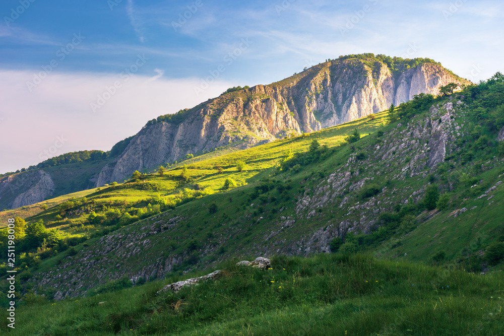 beautiful landscape of romania mountains. springtime nature at sunrise. distant cliff in morning light
