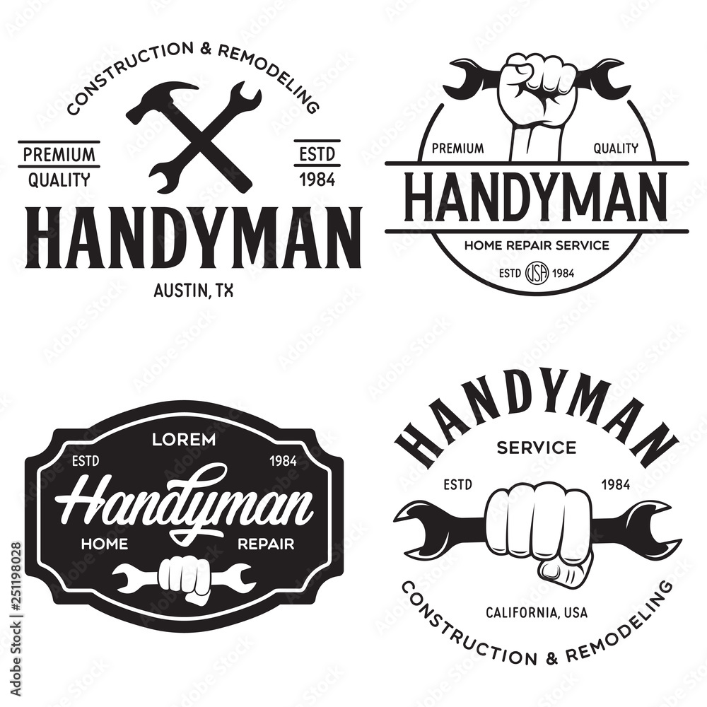 Handyman labels badges emblems and design elements. Tools silhouettes. Carpentry related vector vintage illustration. - obrazy, fototapety, plakaty 