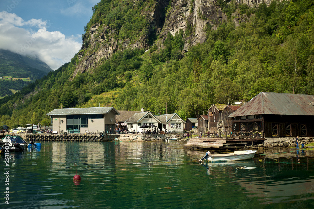 Naklejka premium Bay in Geiranger. Small landing port.