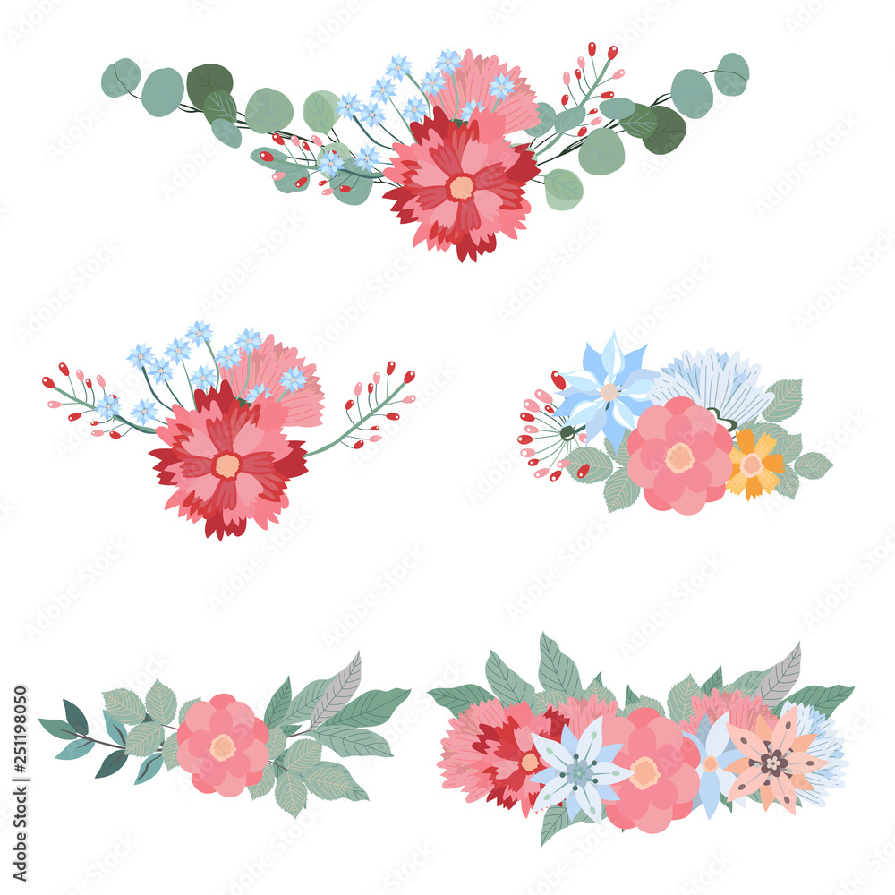 Floral mix wreath vector design set. Vector illustration. Isolated on a white background.
