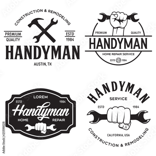Handyman labels badges emblems and design elements. Tools silhouettes. Carpentry related vector vintage illustration.
