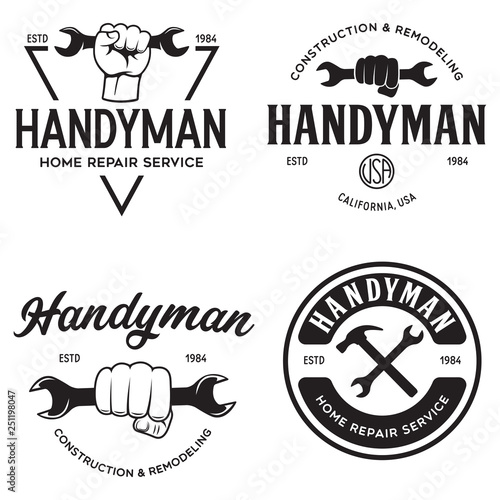 Handyman labels badges emblems and design elements. Tools silhouettes. Carpentry related vector vintage illustration.