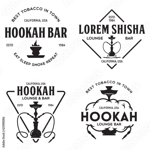 Set of hookah labels, badges and design elements. Hookah club. Shisha bar. Hookah lounge logo. Hookah pipes.