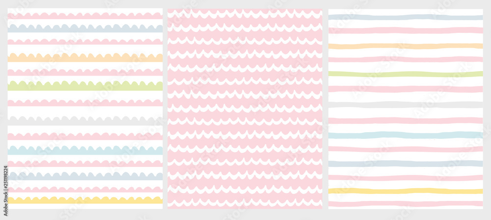 Set of 3 Cute Abstract Geometric Vector Patterns. Light Multicolor Design. Brushed Style Waves on a White and Pink Background. Irregular Infantile Style Waves. Childish Colorful Endless Texture. Set of 3 Cute Abstract Geometric Vector Patterns. Light Multicolor Design. Brushed Style Waves on a White and Pink Background. Irregular Infantile Style Waves. Childish Colorful Endless Texture.