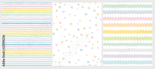 Set of 3 Cute Abstract Geometric Vector Patterns. Light Multicolor Design. Stripes, Triangles and Waves. White Background. Irregular Infantile Style Waves. Blue, Pink, Yellow, Green and White Design.