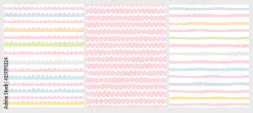 Set of 3 Cute Abstract Geometric Vector Patterns. Light Multicolor Design. Brushed Style Waves on a White and Pink Background.  Irregular Infantile Style Waves. Childish Colorful Endless Texture.