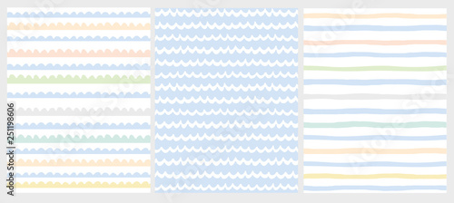 Set of 3 Cute Abstract Geometric Vector Patterns. Light Multicolor Design. Brushed Style Waves on a White and Blue Background.  Irregular Infantile Style Waves.Blue, Cream, Yellow and White Design.