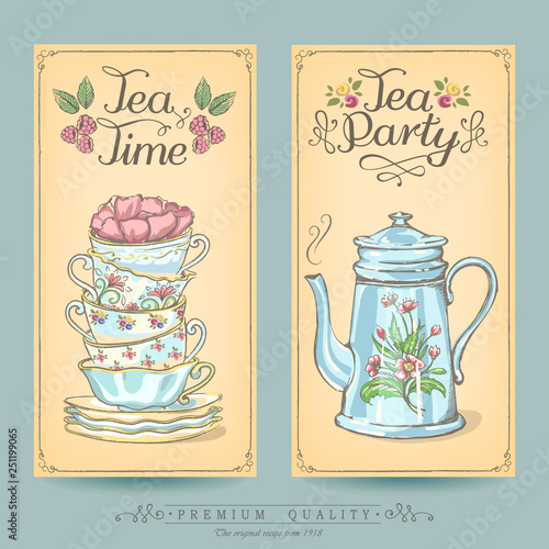 Card collection of hand-drawn cakes. Vintage posters of bakery sweet shop. Freehand drawing, sketch