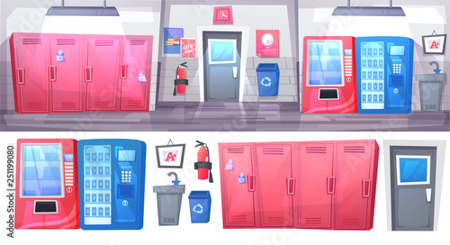 High School hallway interior banner with row of lockers and trash and soda and snack vending machine. Vector cartoon illustration