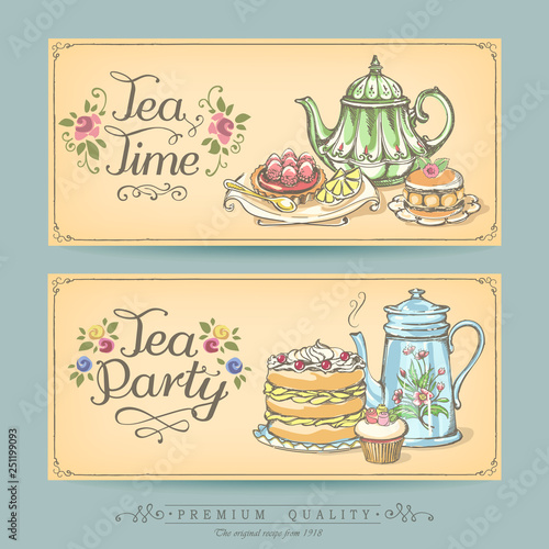 Card collection of hand-drawn cakes. Vintage posters of bakery sweet shop. Freehand drawing, sketch