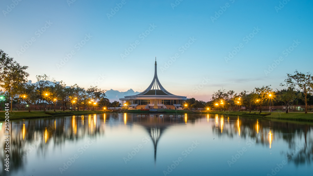 Monument in public park of thailand. Twilight at Suanluang RAMA IX Public Park reflection on water and botanical garden, Monument in public park of thailand. Twilight at Suanluang RAMA IX Public Park reflection on water and botanical garden,