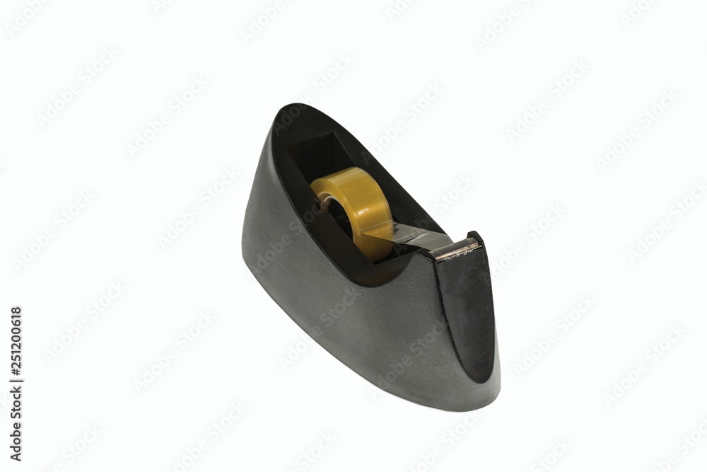 Close up view of black tape holder isolated. Office table equipment. Stationery concept. Close up view of black tape holder isolated. Office table equipment. Stationery concept.