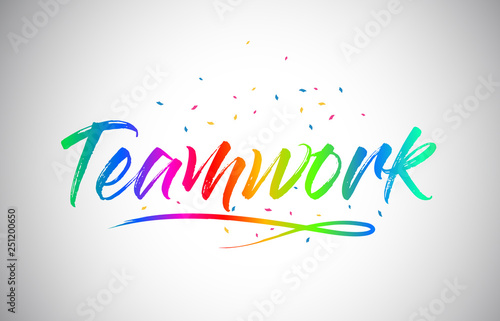 Teamwork Creative Vetor Word Text with Handwritten Rainbow Vibrant Colors and Confetti.