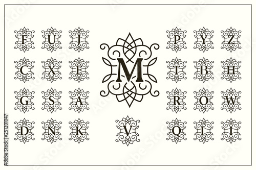 Set of Elegant Capital Letters. Vintage Logos. Filigree Monograms. Beautiful Collection. English Alphabet. Simple Drawn Emblems. Graceful Style. Design of Calligraphic Insignia. Vector Illustration