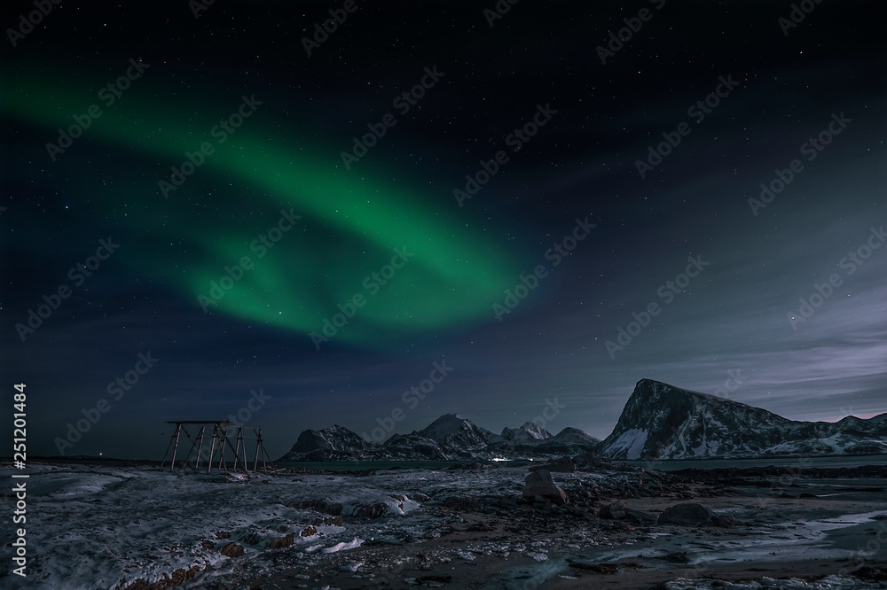 Northern lights at Sandnes in Flakstad island, Lofoten islands
