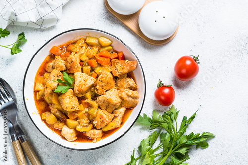 Chicken stew with vegetables, top view.