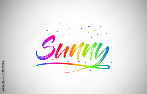 Sunny Creative Vetor Word Text with Handwritten Rainbow Vibrant Colors and Confetti.