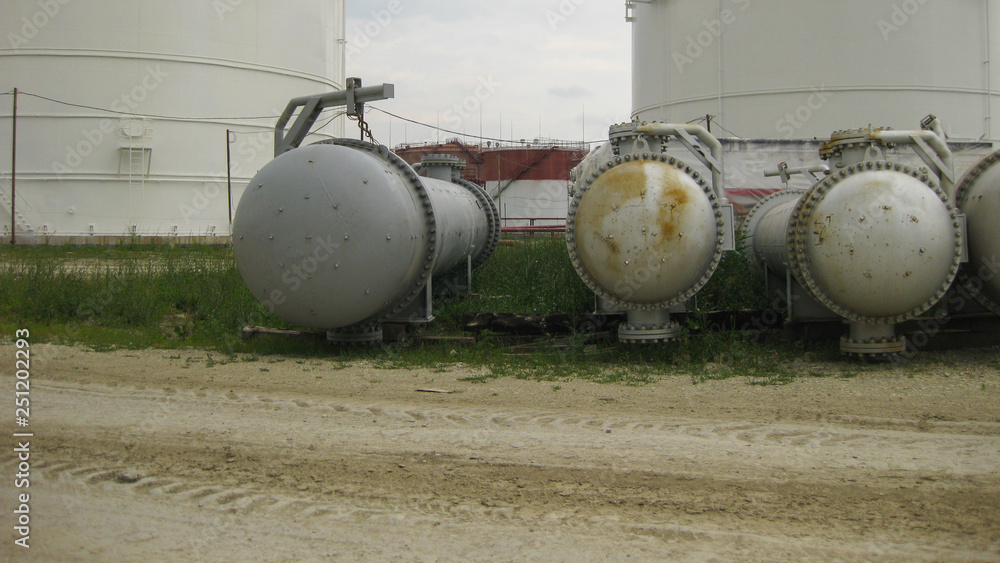 Heat exchangers at oil refinery. Heat exchangers at oil refinery.