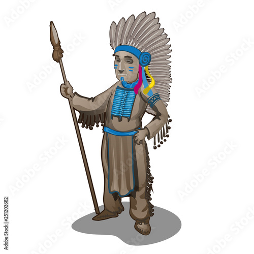 The statuette of the leader of a tribe of Indians isolated on white background. Cartoon vector close-up illustration.