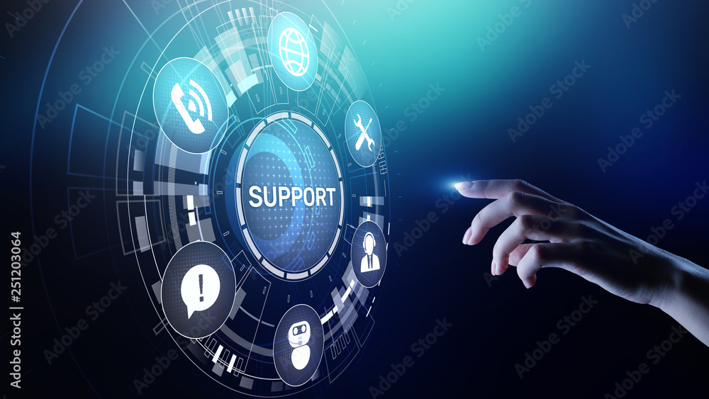 Support button on virtual screen. Customer service and communication concept. Support button on virtual screen. Customer service and communication concept.