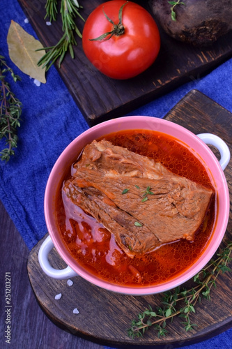 Borscht with beef. Traditional soup of Ukrainian and Russian cuisines