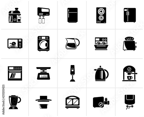 Black kitchen appliances and kitchenware icons - vector icon set