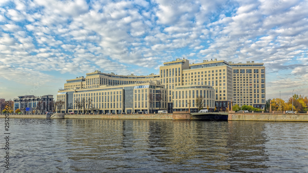 New elite residential complex on the Ushakovskaya embankment on the banks of the Bolshaya Nevka in St. Petersburg.