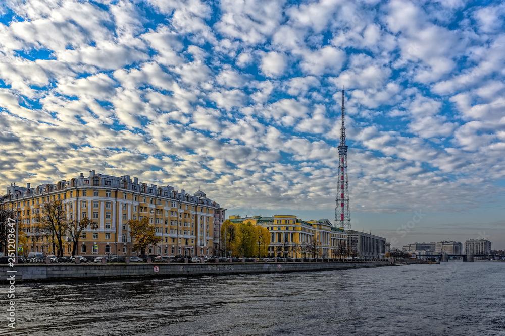 Fototapeta premium Television tower and business and office centers on Aptekarskaya embankment, St. Petersburg, Russia.