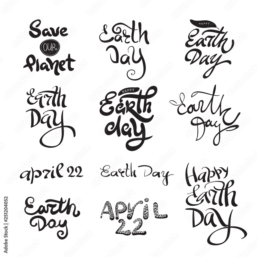 Earth day calligraphy set. Black and white vector lettering