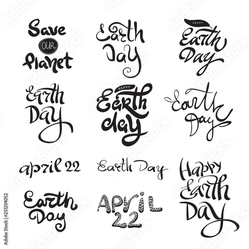 Earth day calligraphy set. Black and white vector lettering