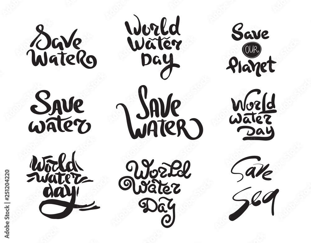 World water day calligraphy set. Black and white vector lettering