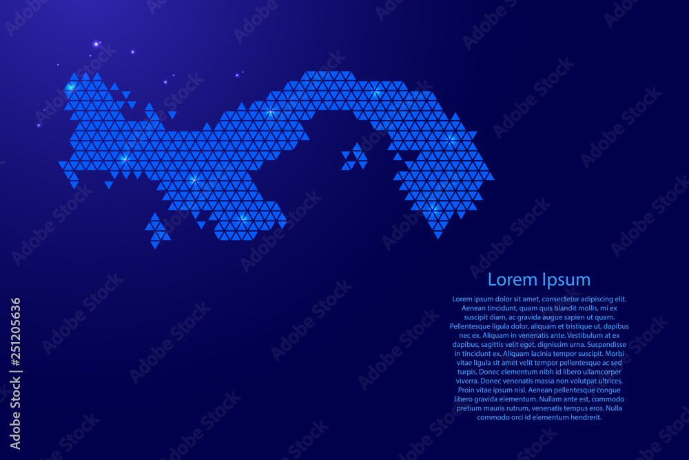 Panama map abstract schematic from blue triangles repeating pattern geometric background with nodes and space stars for banner, poster, greeting card. Vector illustration.
