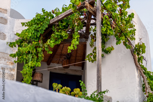 The typical cyclades style with colorful flowers in Parikia town on Paros island, Greece