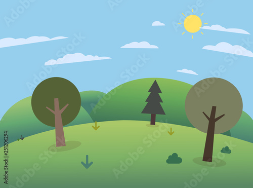 Forest on hills with big mountains and sky.Beautiful scene meadows with three mountains in the background.Nature landscape with trees, hills , sky and sun Vector illustration