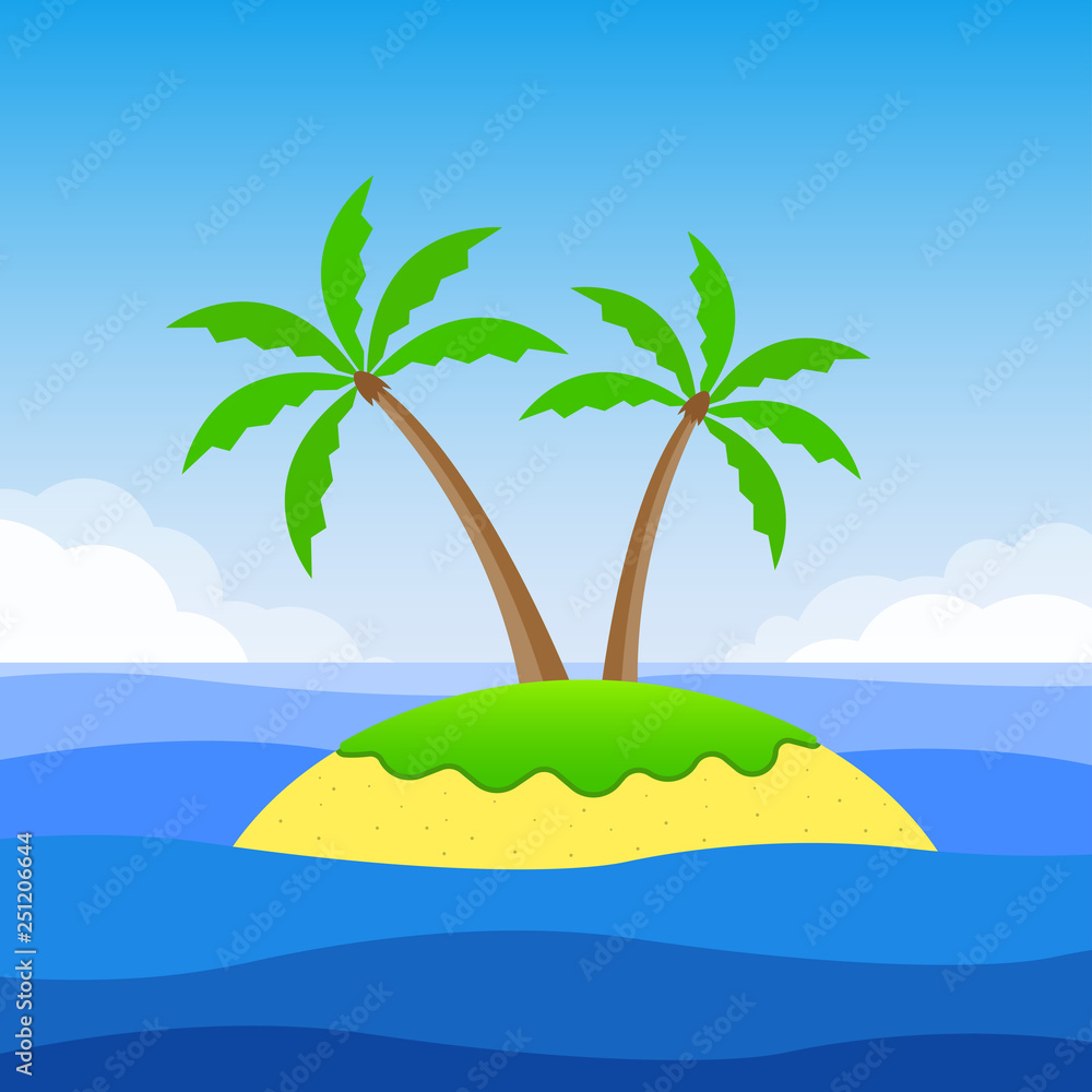 Island with palm trees and the sandy beach. Tropical landscape with island, sea or ocean and sky. Vector illustration.