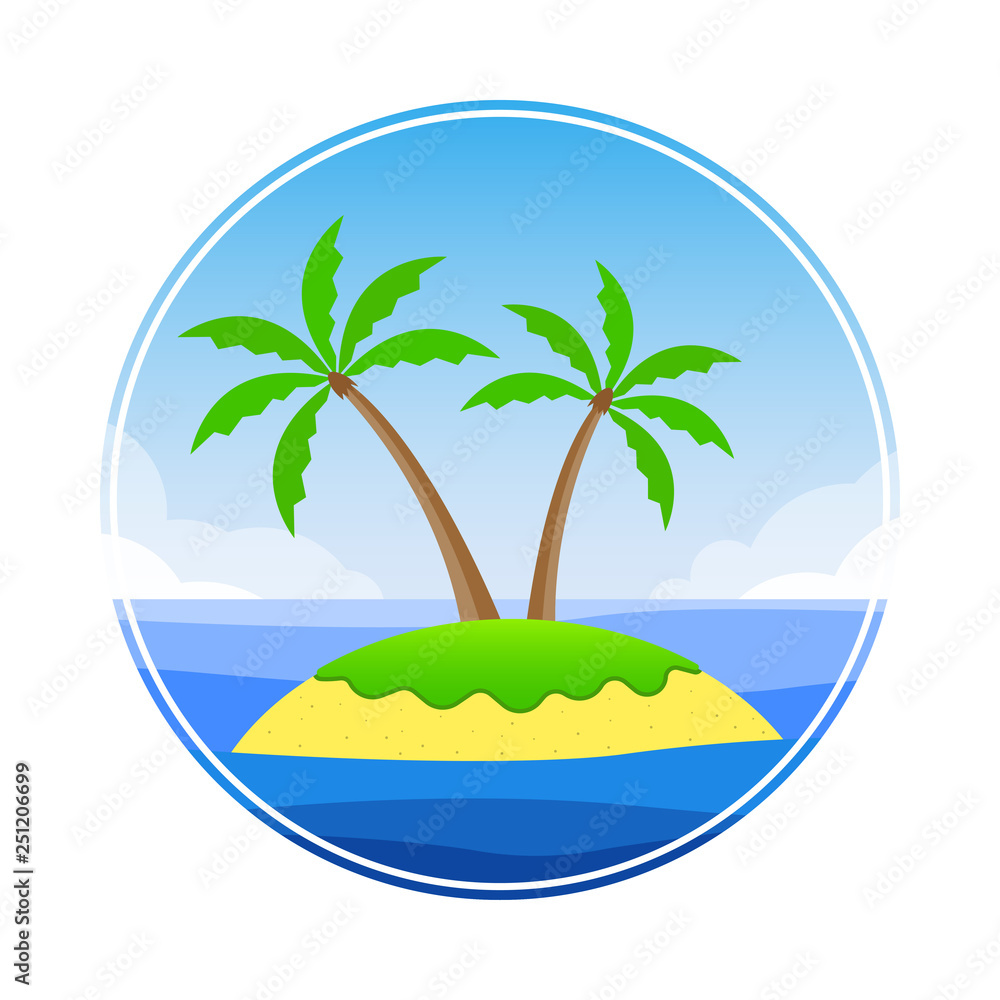 Tropical island in the ocean with palm trees, beach and sky with clouds. Vector illustration. 